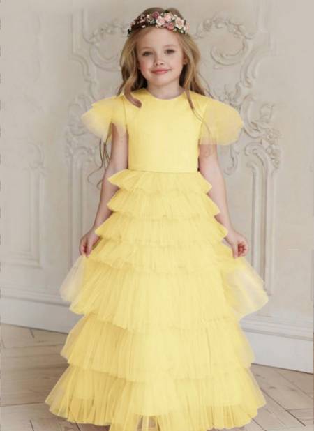 Yellow Colour Exclusive Party Wear Designer South Cotton With Soft Net Kids Heavy Gown Girls Wear Collcetion Kajri-3